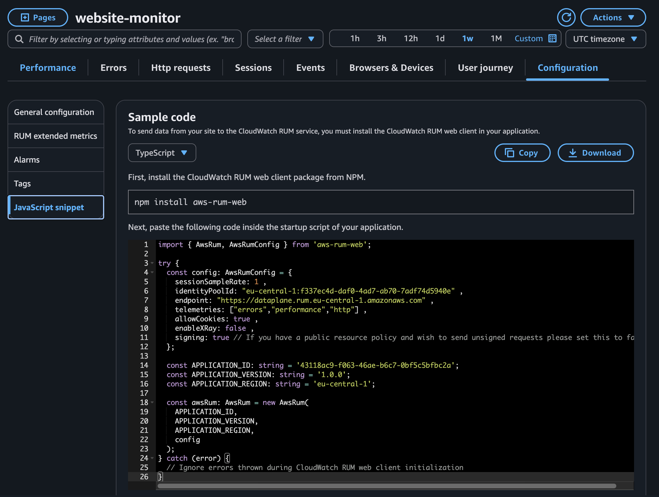 AWS RUM configuration export